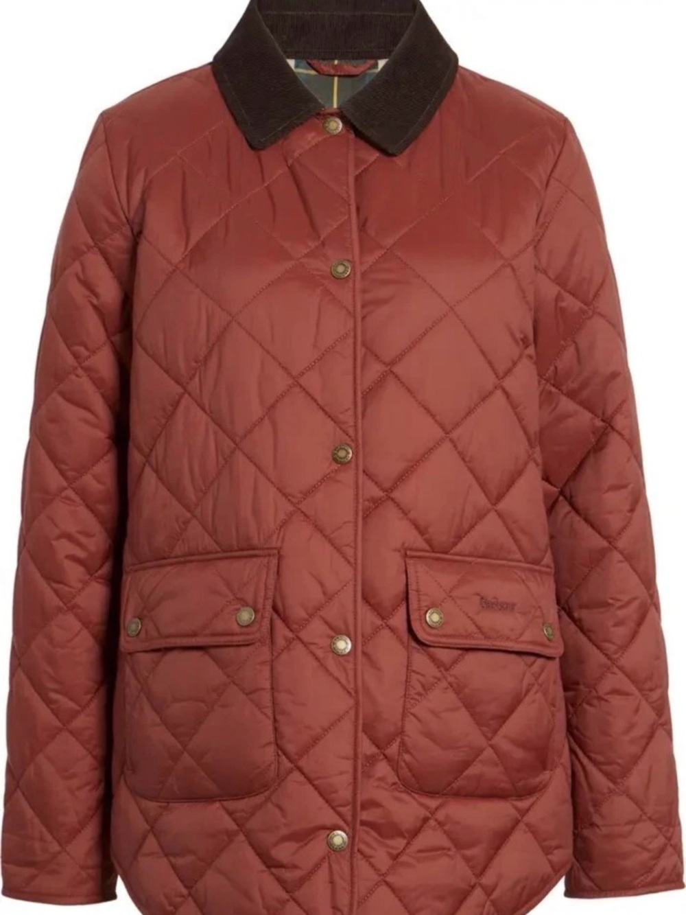 Barbour Pilton Diamond Quilted Puffer Jacket in Rust with Dark Corduroy Collar